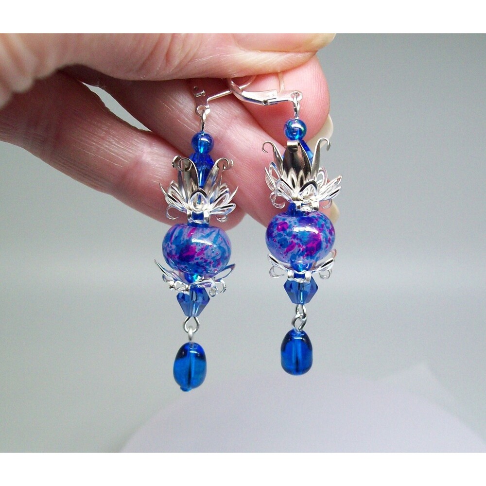 Lampwork & Crystal Dangle Earrings, Blue, Silver, Artisan Crafted Vintage Style